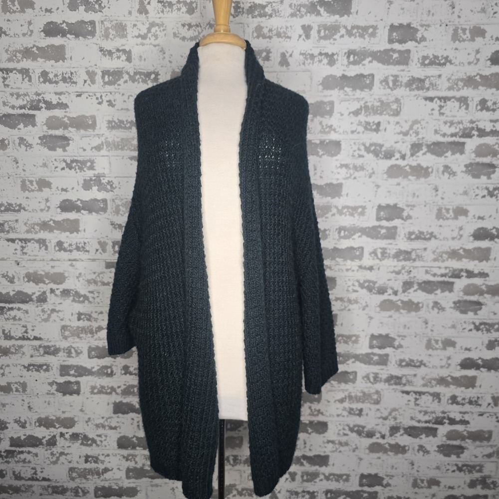 Joan Vaas Poncho Sweater Womens 1X Plus Size Dark Green Open Knit Dolman Sleeve‎
